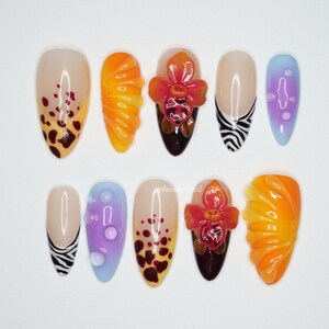 Tropical Orchid Jungle Press On Nails, 3D Flower & Safari Print with Ombre Sunset Shades, Exotic Nail Art for Vacations Summer Events