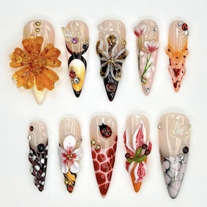 Floral Butterfly Press On Nails, 3D Flower Nails, Ladybug Nails, Nature Inspired Nails, Spring Summer Nails