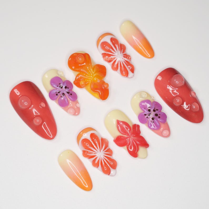 Tropical Bloom Press On Nails, 3D Orange Flower & Bubble Nail Art with Ombre Summer Vibes, Handmade Vibrant Nail Set image 3