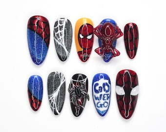 Uñas postizas de Spiderman, diseño de uñas de superhéroe, uñas postizas de dibujos animados, set de uñas para cosplay, diseño de uñas de cómic H4926