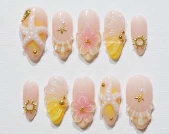 Starfish Shell Press On Nails, 3D Beach Summer Nails, Yellow Pink Ocean Nails, Cute Floral Sea Nails, Mermaid Aesthetic Nail Art