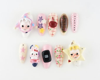 Kawaii 3D Mixed Art Press On Nails, urocze zdobienia paznokci, urocze paznokcie 3D, pastelowe zdobienia, ręcznie malowane paznokcie, wyraziste paznokcie DYRMM