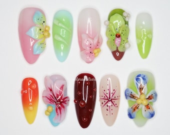 Tropical Bloom Press On Nails, 3D Hibiscus Orchid Design with Glossy Gradient Finish, Summer Festival and Beach Holiday Nail Art