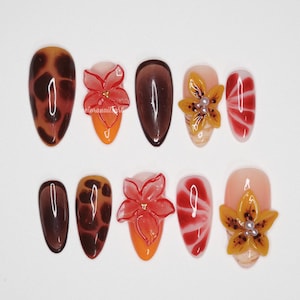 Leopard Bloom Press On Nails, 3D Flower & Pearl Nail Art with Red Swirl Summer Vibes, Handmade Exotic Nail Set
