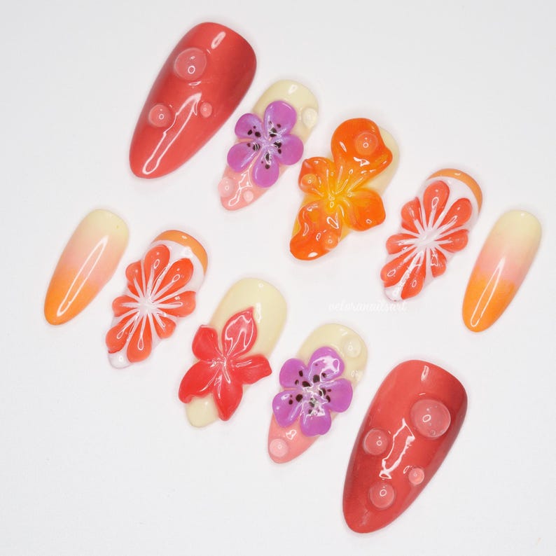 Tropical Bloom Press On Nails, 3D Orange Flower & Bubble Nail Art with Ombre Summer Vibes, Handmade Vibrant Nail Set image 2