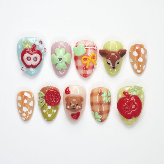 Cottagecore Animal Press On Nails, Forest Creature Nails, 3D Cute Nail Art, Kawaii Nature Design, Handmade Press Ons RAJUP