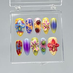 Bloom Beetle Garden Press On Nails, 3D Orchid Flower and Ladybug Nail Art, Colorful Botanical Fantasy Nail Tips