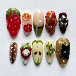 Whimsical Picnic Press On Nails, 3D Food Nail Art with Strawberry, Apple, Pretzel, Olive and Cat Design, Retro Cute Nail Set