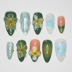 Forest Glow Press On Nails, 3D Flower & Shell Nail Art, Green Gradient Pearl Nails, Naturecore Handmade Nail Set VL129