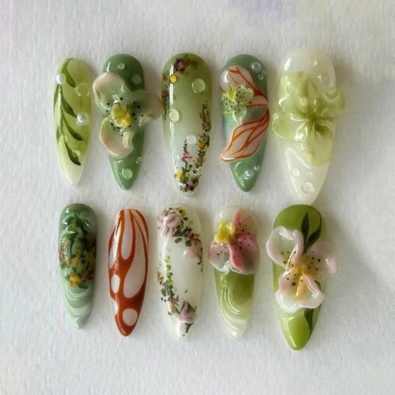 Jade Floral Press On Nails, 3D Flower & Pearl Nail Art with Green Ombre Summer Vibes, Handmade Nature Nail Set