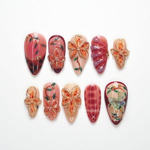 Floral Butterfly Press On Nails, Red Orange Nails, 3D Flower Nails, Elegant Butterfly Nails, Autumn Inspired Nails