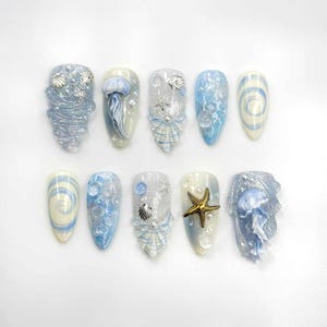 Ocean Jelly Dream Press On Nails, 3D Blue Jellyfish Nail Art, Sea Shell Starfish Tips, Underwater Theme Nails, Shimmer Marine Press On