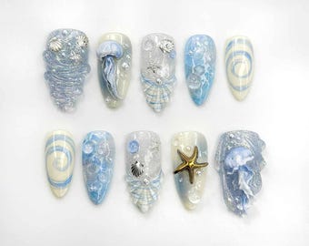 Ocean Jelly Dream Press On Nails, 3D Blue Jellyfish Nail Art, Sea Shell Starfish Tips, Underwater Theme Nails, Shimmer Marine Press On