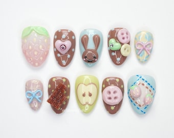Choco Bunny Press On Nails, Cute 3D Nail Art Set with Strawberry, Apple, Buttons, Chocolate, Ribbon Rabbit Design, Handmade Kawaii PY0WW