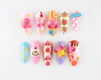 Kirby Kawaii Wunderliche Presse auf den Nägeln, süße Anime Nagelkunst, 3D-Charakter Nägel, Pastell ästhetische Nägel, lustige Cartoon Nägel B1RMM