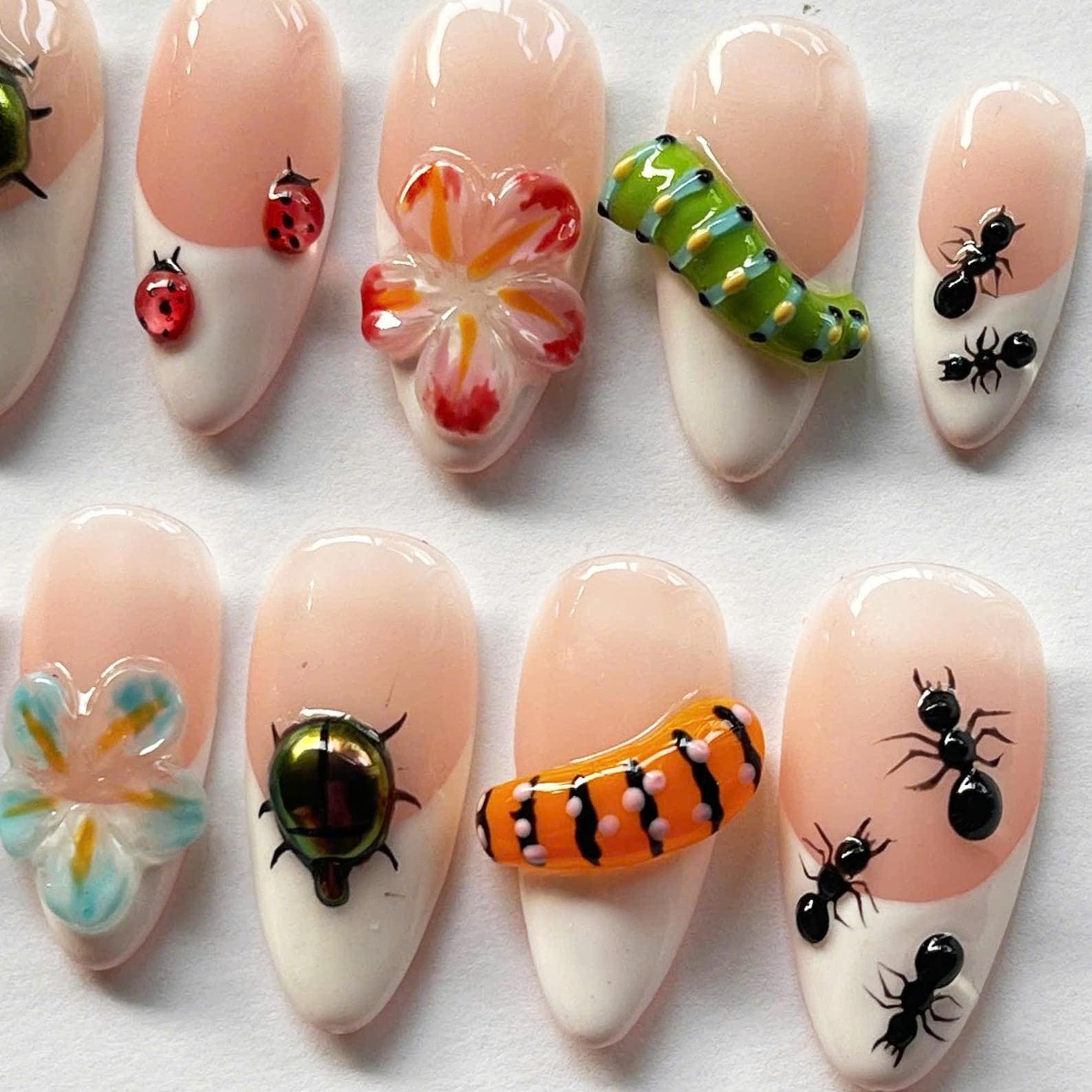 Garden Bug Parade Press on Nails, 3D Insect Nail Art With Ants