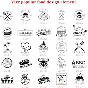 May include: A collection of black and white food-themed logo designs, including images of burgers, chefs, and BBQ tools. The text "Very popular food design element" is at the top.