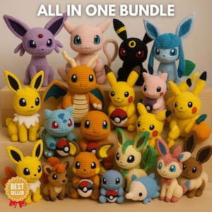 Peut inclure: Ensemble de peluches crochetées aux couleurs vives, dont des personnages aux grandes oreilles et aux yeux expressifs. Les jouets sont jaunes, roses, bleus, violets et oranges. Le texte "ALL IN ONE BUNDLE" est en haut, et un autocollant "BEST SELLER" en bas.