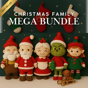 Peut inclure: Un ensemble familial de Noël comprenant des poupées au crochet du Père Noël, de la Mère Noël, du Grinch et d'un elfe, ainsi que des bas de Noël. Les poupées sont rouges, vertes et marron. Le fond est vert foncé avec des étoiles dorées.