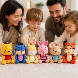 Peut inclure: Un ensemble de six animaux en peluche crochetés disposés en rangée, comprenant un ours jaune avec un haut rouge, un âne bleu, un lapin jaune, un porcelet rose rayé, une souris beige avec un haut bleu et un tigre orange rayé de noir.