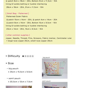 May include: A sewing pattern with instructions and measurements for making a large pouch and a small bag. The image includes a list of necessary supplies, dimensions in centimeters, and a difficulty rating of one star.