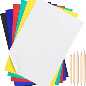 May include: A stack of colorful craft felt sheets in black, blue, red, green, and yellow, with a large white sheet on top. Six wooden-handled dotting tools are arranged to the right, suitable for various craft projects.