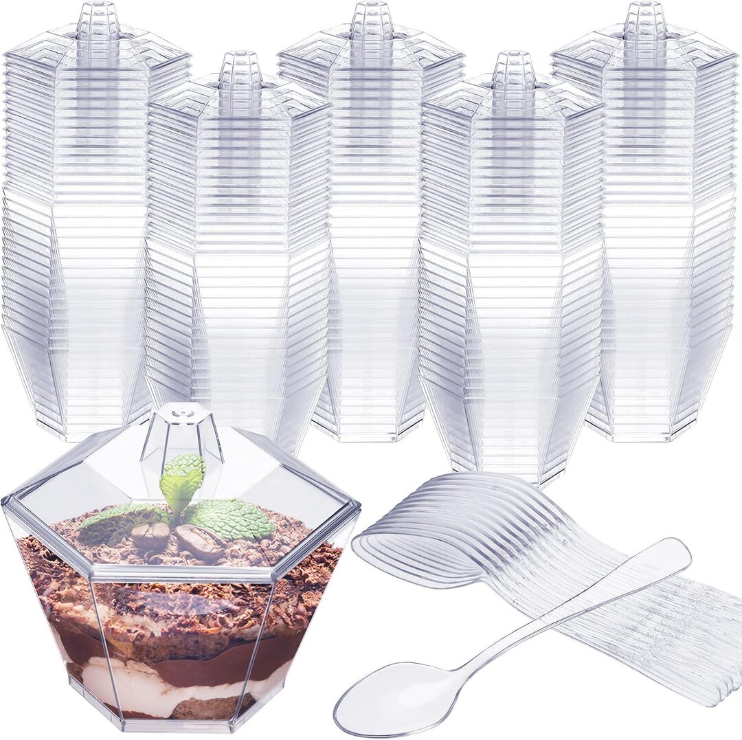 300 Pcs Hexagonal 3.2 Oz Mini Dessert Cups With Lids and Spoons Serves ...