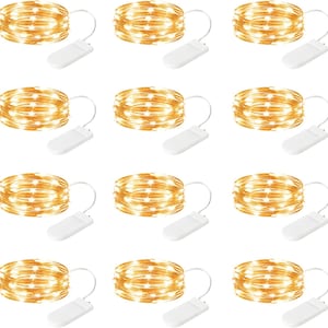 May include: Nine sets of warm white LED string lights. Each set is coiled and connected to a white battery pack. The lights are ideal for decorating and creating ambiance. The lights are on a thin, flexible wire.