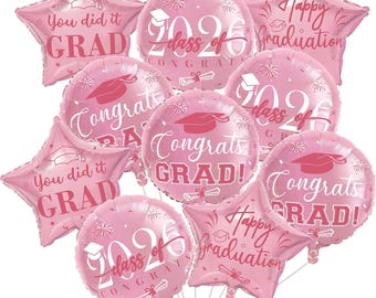 Globos de graduación Clase de 2026, 10 globos redondos de aluminio rosa de 45 cm con la inscripción "Felicitaciones Graduado" y globos de estrella de mylar de 48 cm. Decoración de graduación.