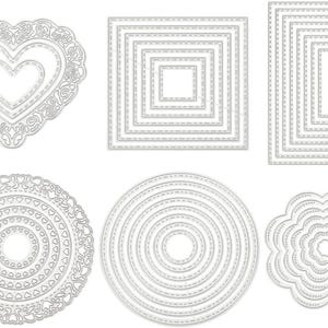 May include: A set of seven metal die-cut stencils in various shapes, including a heart, a square, a circle, and a flower. The stencils are designed for crafting and scrapbooking.