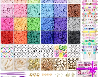 Kit para hacer pulseras con 6000 cuentas de arcilla, 24 colores de cuentas planas preppy para pulseras de la amistad, cuentas de arcilla polimérica con dijes para hacer joyas