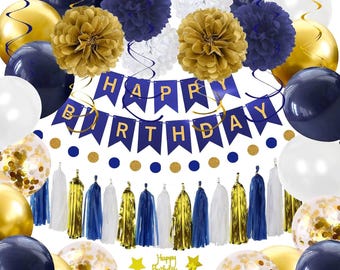 Decoraciones de cumpleaños para hombres y niños, kit de decoraciones para fiesta de feliz cumpleaños en azul marino, dorado y blanco: pancarta, globos, pompones de papel, remolinos.