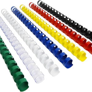 May include: A selection of spiral binding coils in a range of colours: green, clear, white, blue, yellow, red, and black. These plastic coils are designed for document binding and organisation.
