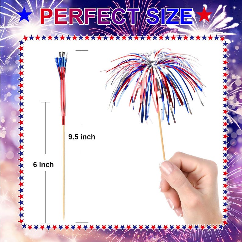 Op de afbeelding: Afbeelding toont twee decoratieve vuurwerkprikkers. De ene is 15,2 cm lang, de andere 24,1 cm. De prikkers hebben rode, witte en blauwe accenten, perfect voor patriottische vieringen. De tekst "PERFECT SIZE" staat bovenaan.