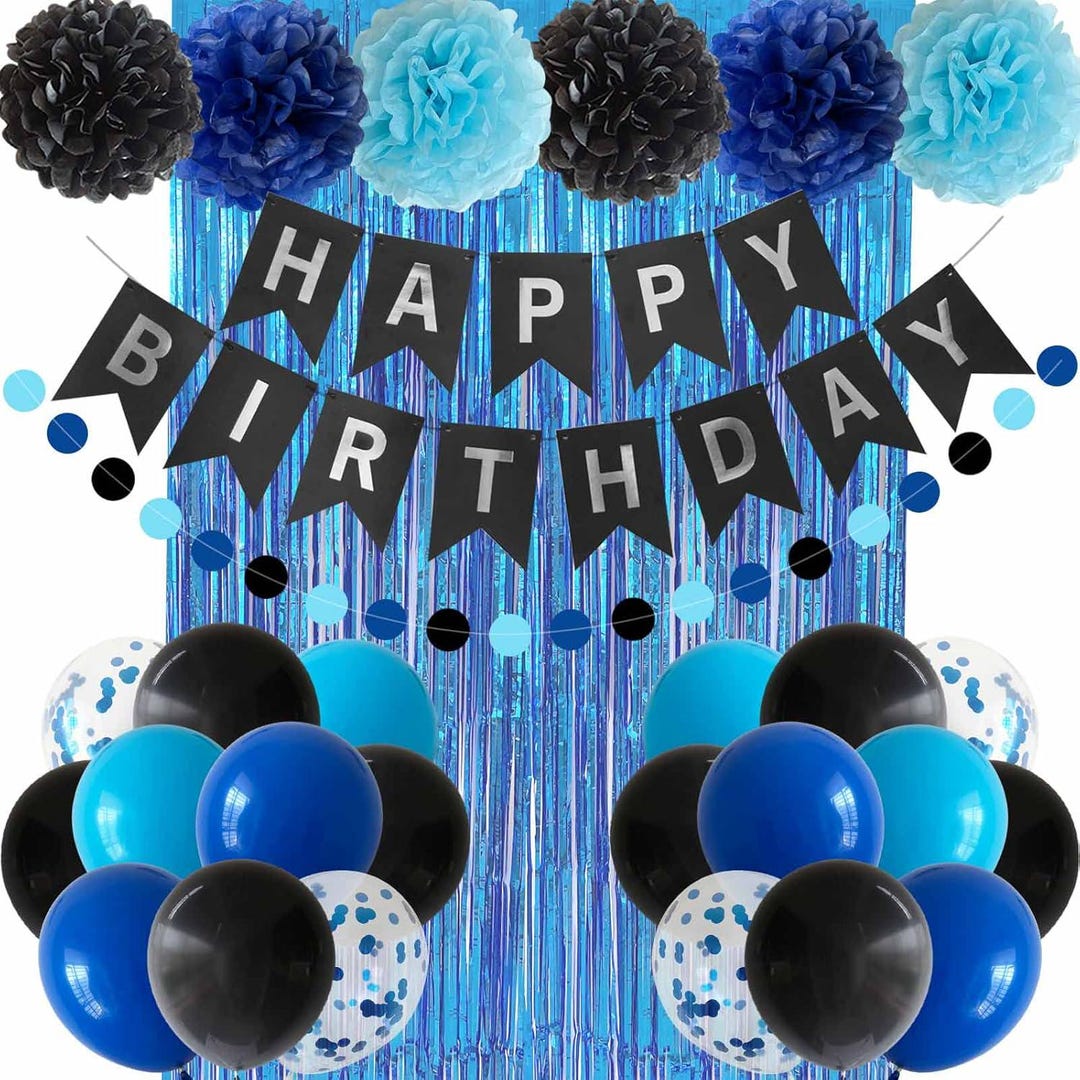 Blue and Black Happy Birthday Party Decorations for Boys Men Banner ...
