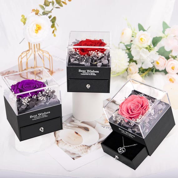 Rose éternelle Préservée Avec Collier 'I Love You' – Cadeau Romantique Rose – Boîte Cadeau