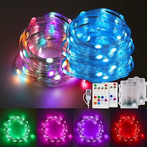 May include: Two coiled string light sets, one multi-colored and one blue, with a USB cable, remote controls, and a battery pack. Additional images show green, pink, purple, and red light strands. Ideal for decorative lighting.
