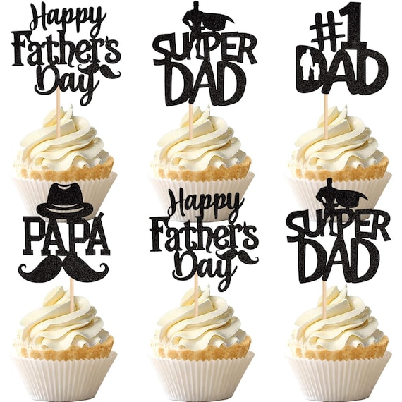 24 Stück Father's Day Cupcake-Topper – Mit Glitzer, 'Best Dad', Schnurrbart-Motiven, Aus Karton, Für Vatertags-Party
