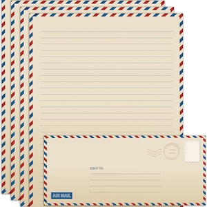 May include: A set of airmail-themed stationery. The cream-coloured paper is lined for writing. The edges are decorated with alternating red, white, and blue diagonal stripes. An envelope with the words "Send to:" and "Air Mail" is also included.