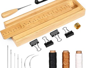 Bamboo Book Binding Kits,Bookbinding Kit for Signature Punching Tools, Bookbinding Punch Guide Supplies with Piercing Awl, Waxed Thread,