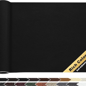 May include: A roll of black self-adhesive faux leather contact paper. The paper has a textured surface that resembles leather. The roll is labeled "Rich Colors Self-Adhesive".