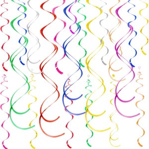 Könnte beinhalten: Ein Set bunter, gekräuselter, hängender Girlanden für die Partydekoration. Die Girlanden bestehen aus glänzendem, metallischem Papier und sind in verschiedenen Farben erhältlich, darunter Rot, Blau, Grün, Gelb und Silber.