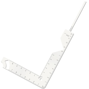 May include: White plastic ruler with a 90-degree angle and a 12 cm ruler on the long side. The ruler has markings in centimeters and millimeters.