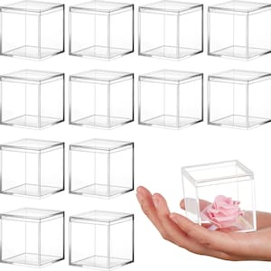 以下が含まれることがあります： 透明な正方形のプラスチック製の箱のセット。蓋付き。 手に持たれた箱にはピンクのバラが入っています。 箱はグリッド状に配置されており、小さなアイテムの梱包や展示に適しています。