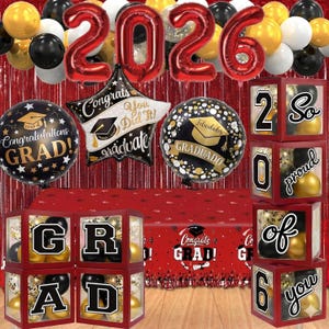 Decoraciones de graduación en negro y rojo para la promoción de 2026: cajas para globos de graduación, kit de guirnalda de arco de globos, cortinas de flecos.
