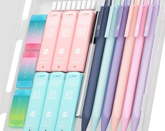 May include: A clear plastic case filled with stationery supplies. The case contains pink and blue erasers, pink and blue lead refills, and a set of pastel-colored pens. The pens are in shades of blue, purple, pink, and peach.