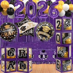 Decoraciones de graduación en negro y morado para la promoción de 2026: cajas para globos de graduación, kit de guirnalda de arco de globos, cortinas de flecos.