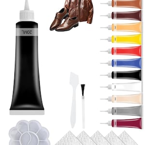 Puede incluir: Kit de reparación de cuero con 12 tubos de pintura, una pequeña paleta de pintura, un pincel, una espátula y tres pequeñas esponjas. Los colores de la pintura son marrón, beige, marrón oscuro, naranja, amarillo, rojo, azul, negro, blanco, beige, gris y burdeos.