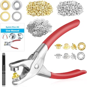 May include: An eyelets pliers kit with a red handle, silver metal components, and a variety of gold and silver eyelets. The kit includes a user manual and a black punch tool. Eyelets are shown in stacks and individual pieces.