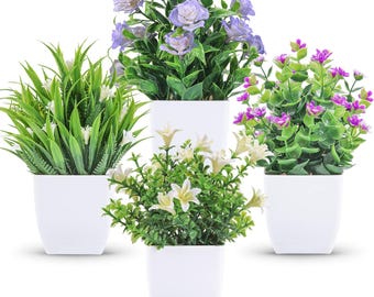 Mini Faux Potted Plants - Small Artificial Floral Home Decor (4 Pack)
